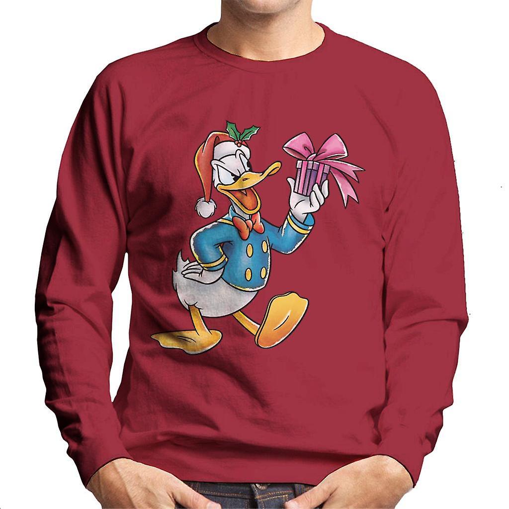 Disney Christmas Donald Duck Holding Present Men's Sweatshirt Cherry Red XX-Large