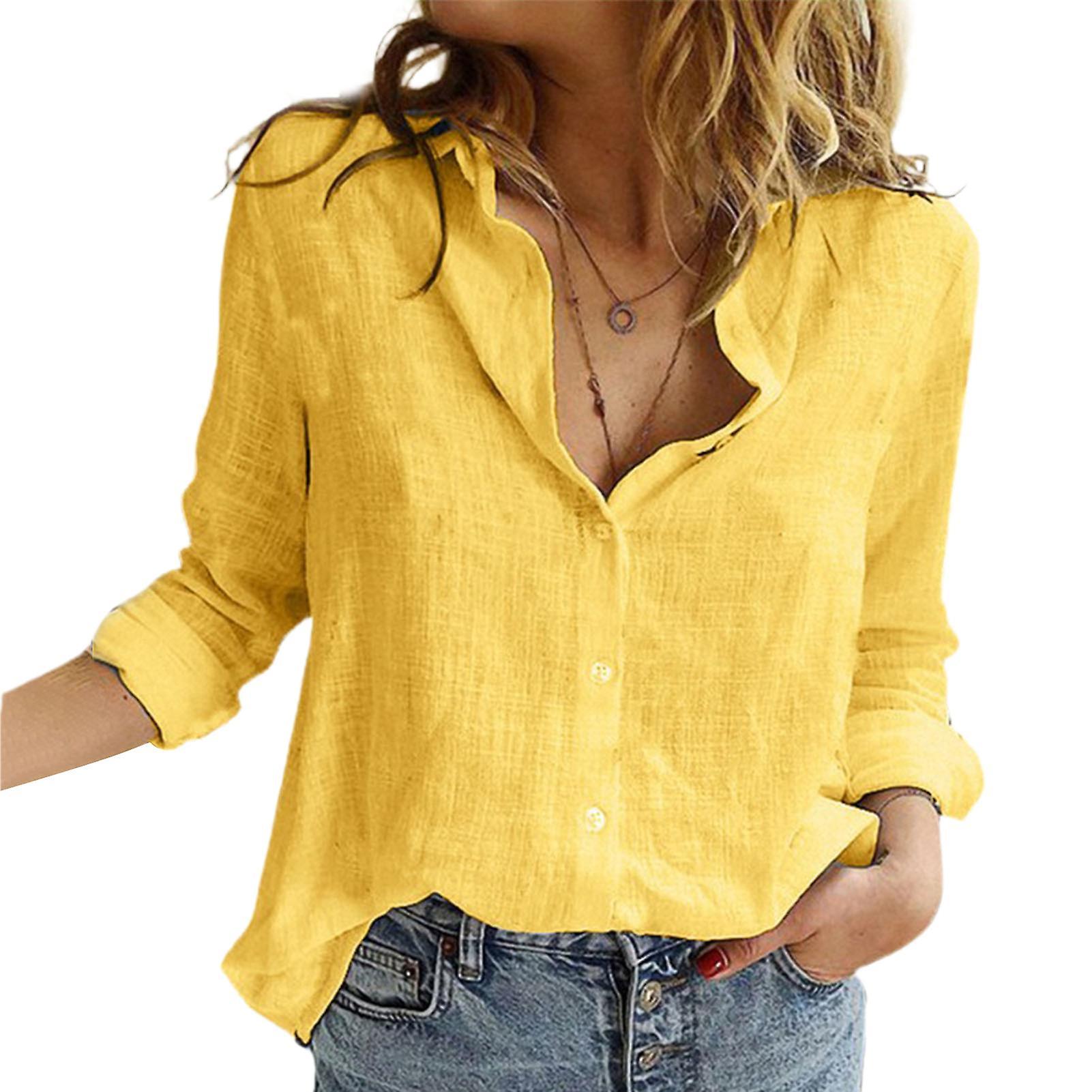 Boeyaa Women Linen Shirts Casual Solid Color Button Lapel Blouses Shirt Summer Tops Yellow L