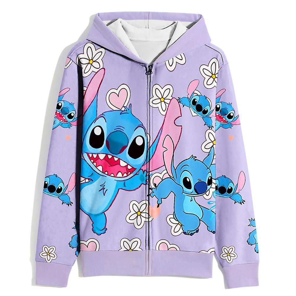 Bestdaily Lilo & Stitch Printing Kids Zip Up Hoodie Casual Hooded Sweatshirt Loose Jumper Tops For Girls 11-12 Years