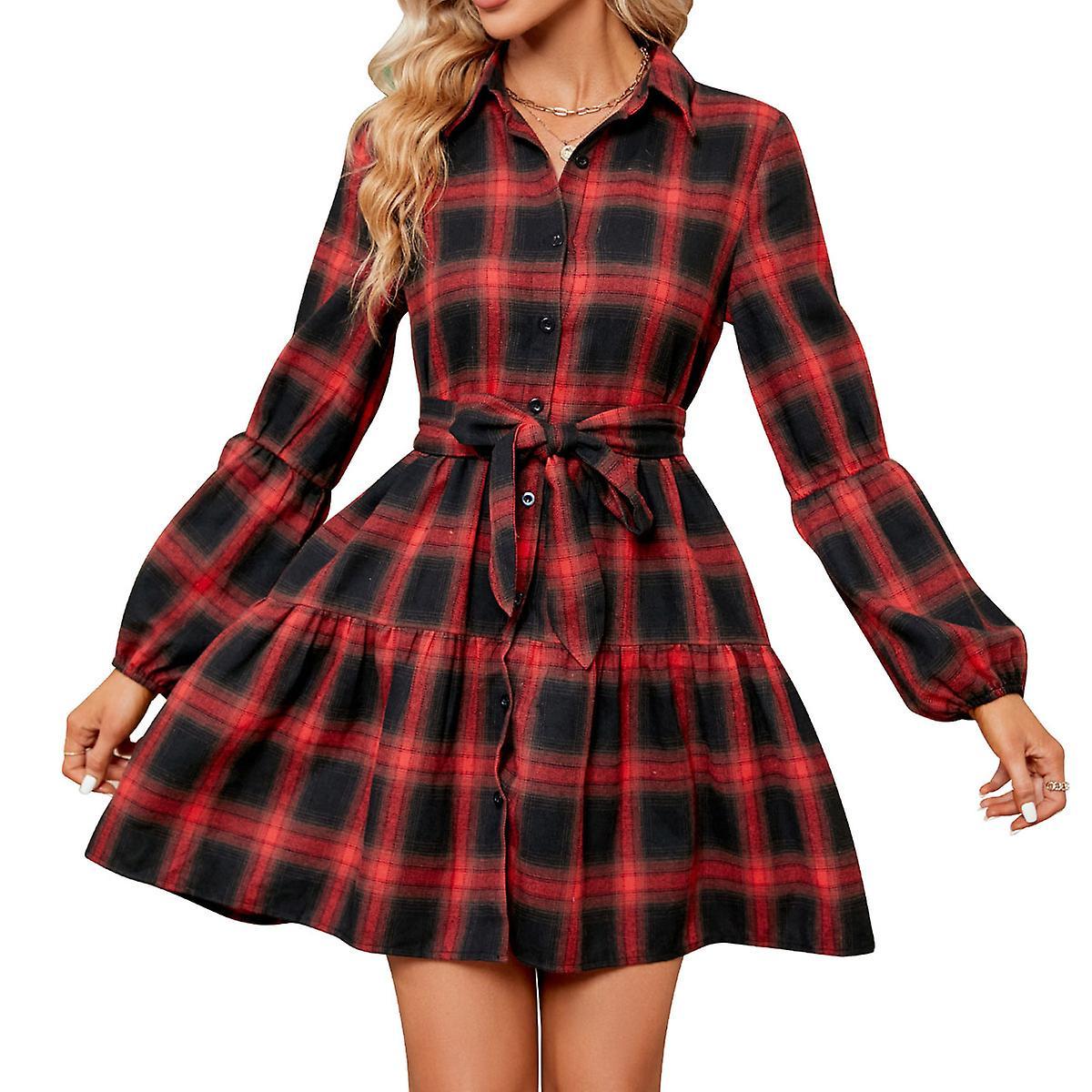 Havana Women's Plaid Dress Long Sleeve Button Down Checker Shirt Casual Dress With Belt, Christmas Dress Waist Dress, S, M, L, Xl red