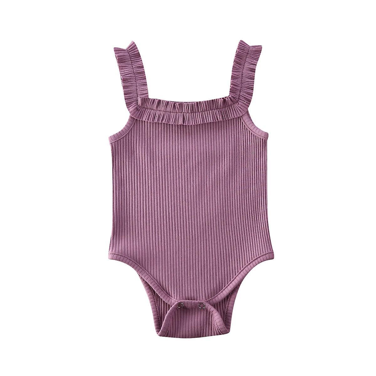 Slowmoose Baby Summer Clothing, Newborn Sleeveless Cotton Bodysuit, Ribbed Ruffled Purple 24M