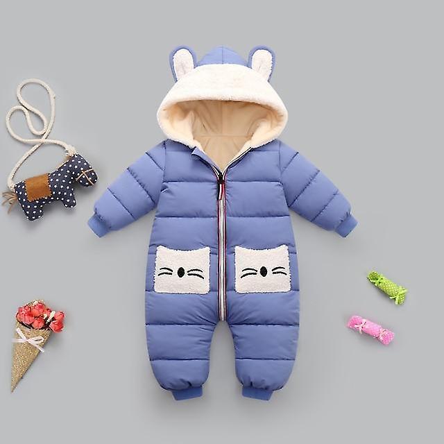 Slowmoose Newborn Winter Snowsuit, Baby Thick Cotton Warm Jumpsuit, Cute Hooded Romper Sky Blue 12M