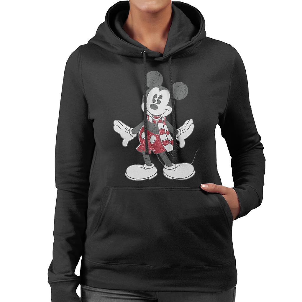 Disney Christmas Mickey Mouse Wearing Festive Scarf Women's Hooded Sweatshirt Black Small