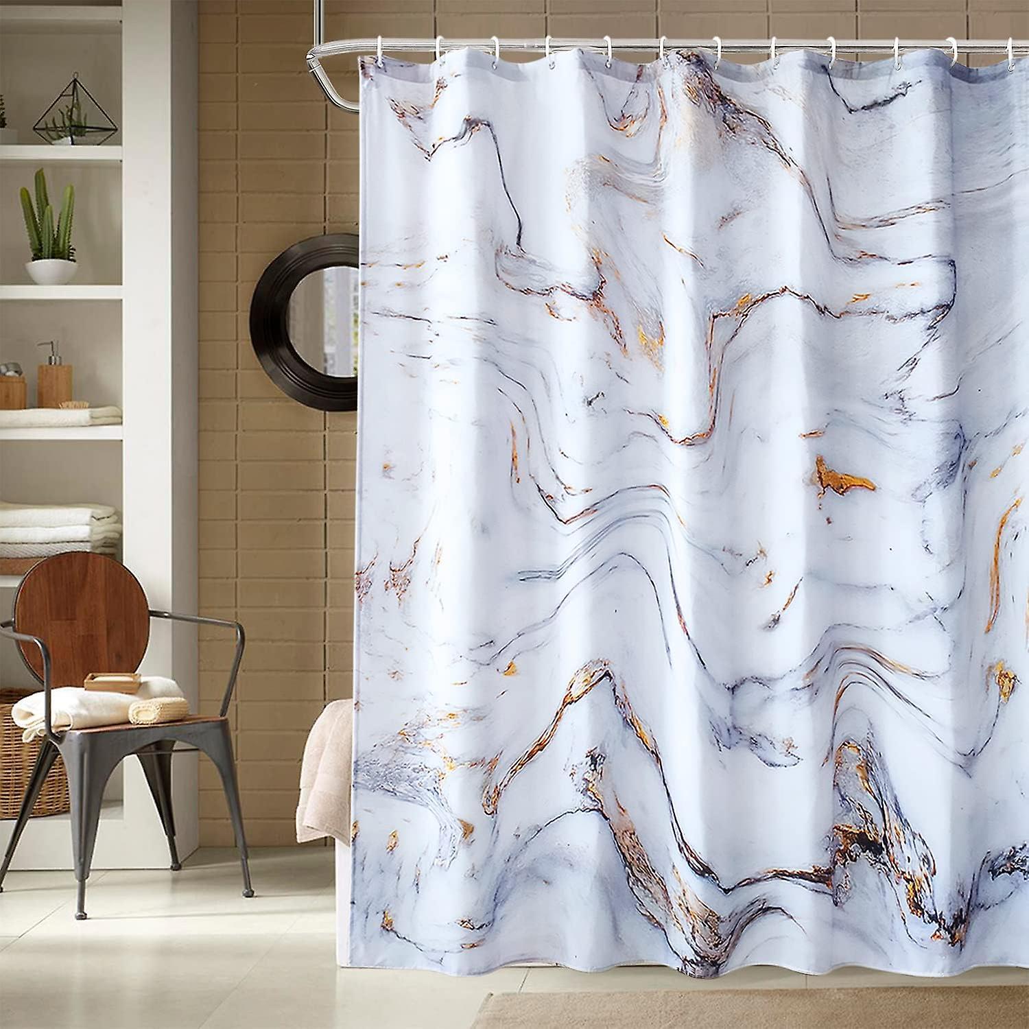 Heyone Polyester Marble Shower Curtain Bathroom Curtain With 12 Curtain Hook Mould & Mildew Resistant  180 X 200cm , White & Grey