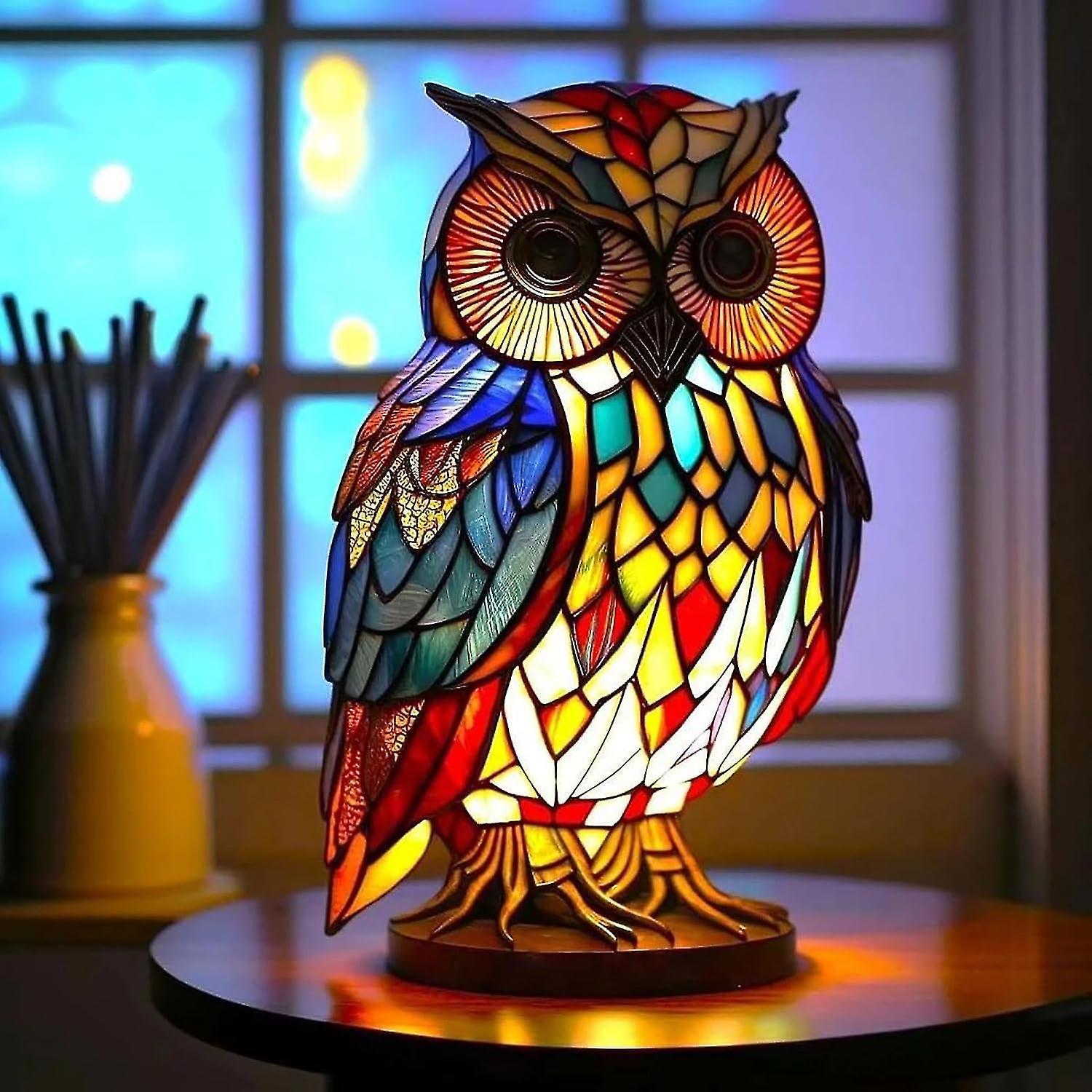 3d Vintage Animal Table Lamp, Stained Glass Resin Stacked Night Light, Bohemian Animal Table Lamps For Living Room Bedroom Dcor Banmo Owl