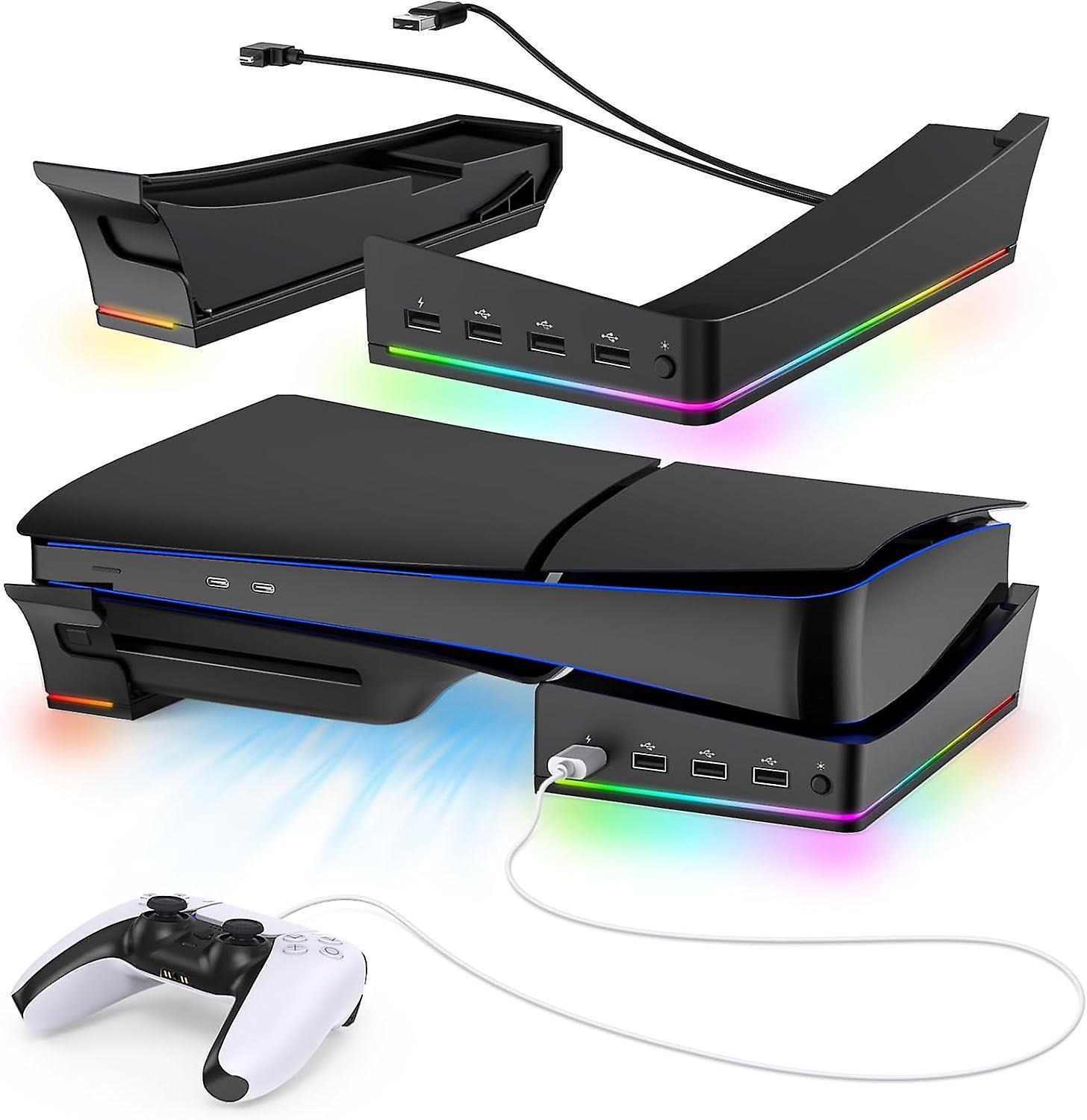 Lelinker RGB Horizontal Stand for PS5 Slim Console ith 14 Light Mode,Side Stand for Playstation 5 Slim Disc & Digital, Base Holder with Fast Contro...