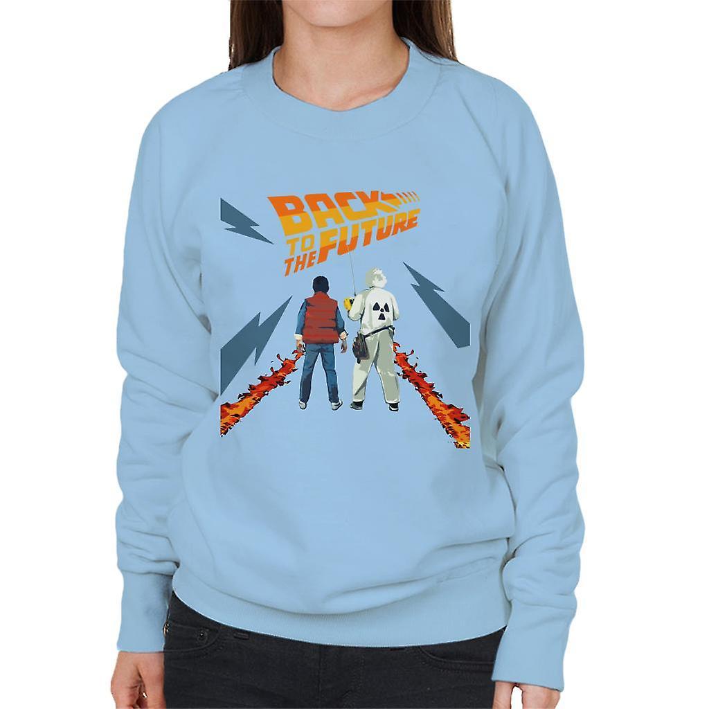 Back to the Future Delorean Fire Trail Marty And Doc Women's Sweatshirt Sky Blue Small