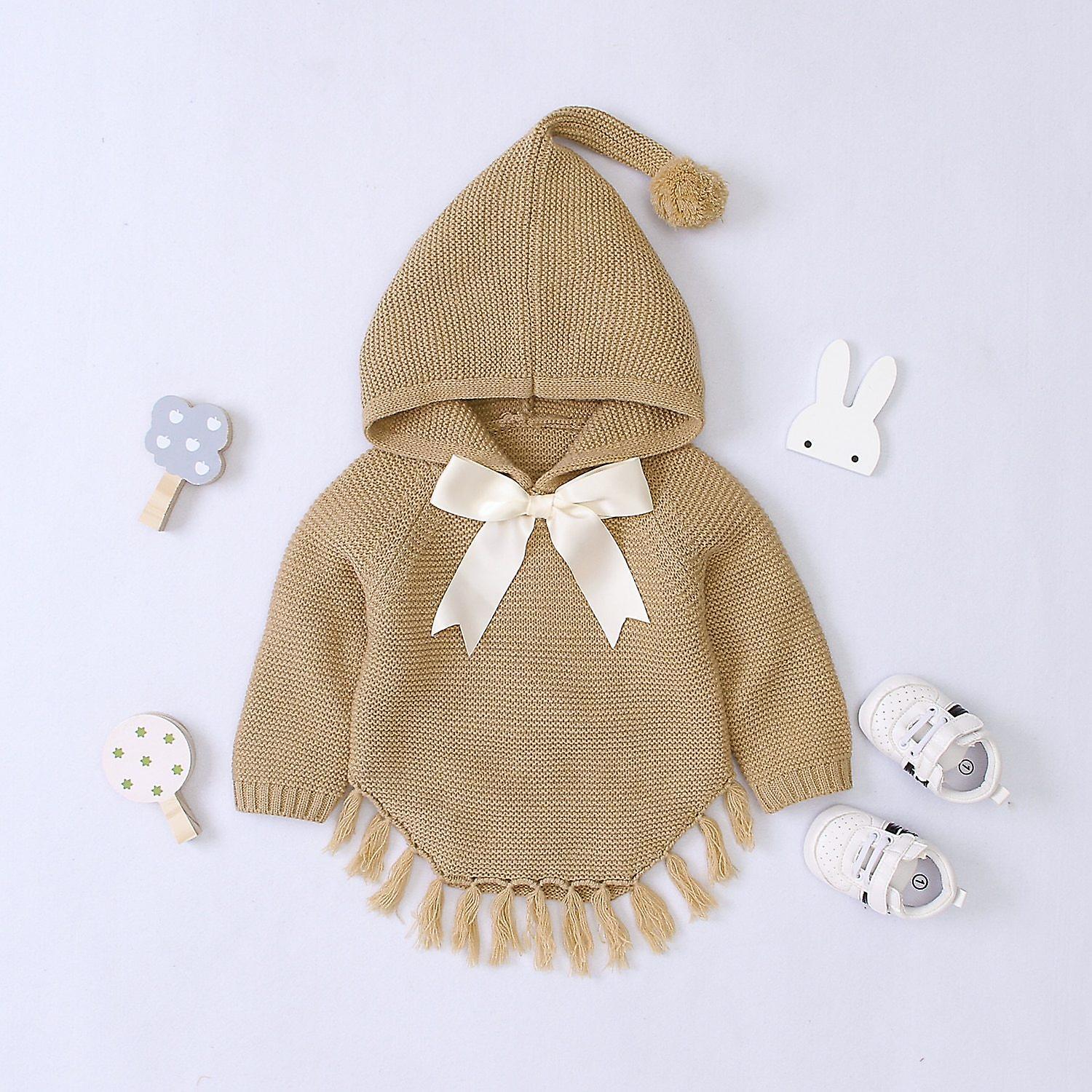 Slowmoose Newborn Baby Winter Knitted Sweaters Coat, Cute Lovely Bowknot Jacket Khaki 12M