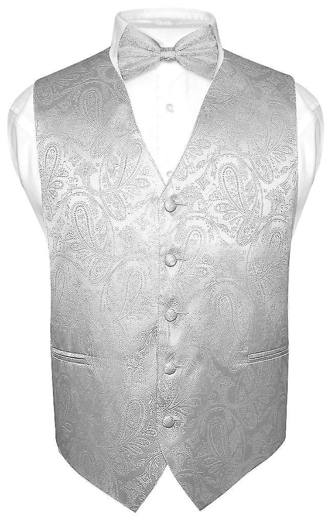 Vesuvio Napoli Men's Paisley Design Dress Vest & Bow Tie BOWTie Set Silver Gray M