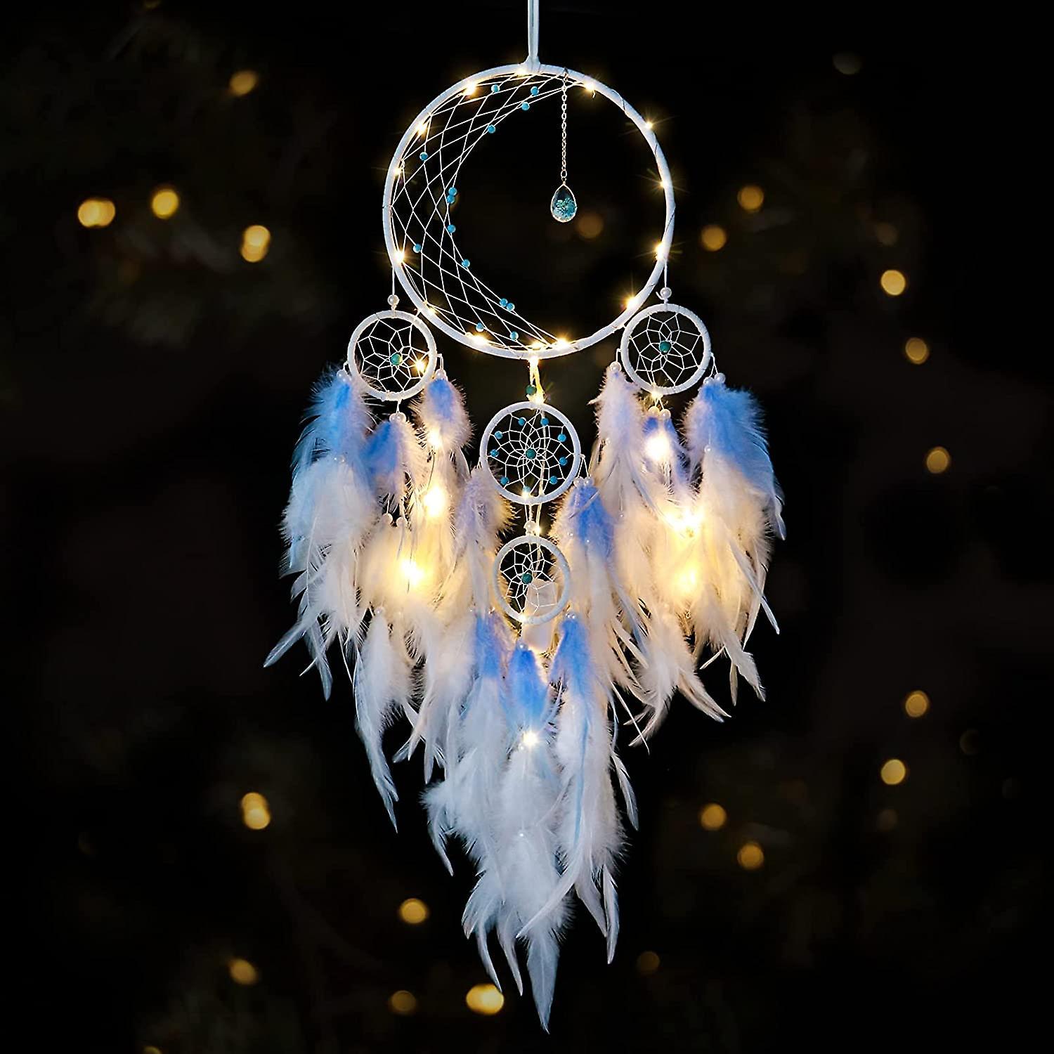 Piao Moon Shaped Dream Catcher White Blue Feathers For Bedroom Handmade Wall Decor Wall Decor For Walls