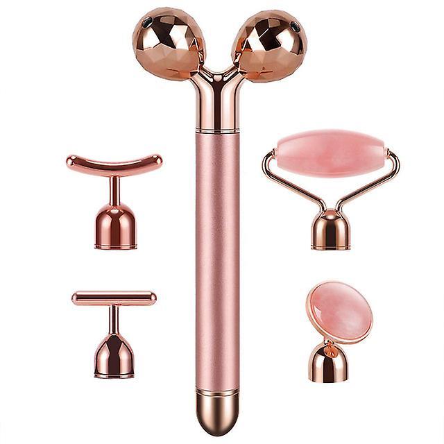 mickcara 5-In-1 24k gold beauty bar face massager electric vibrating rose quartz 3d roller face lifting body facial gua sha jade roller