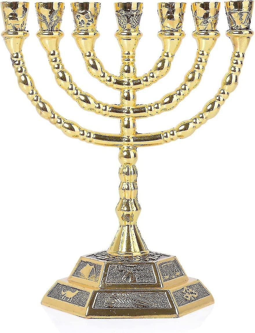 Ddyyhe Menorah 7 Branch, 12 Tribes Of Israel, Jerusalem Temple Jewish Candle Holder (12.7cm, Gold)