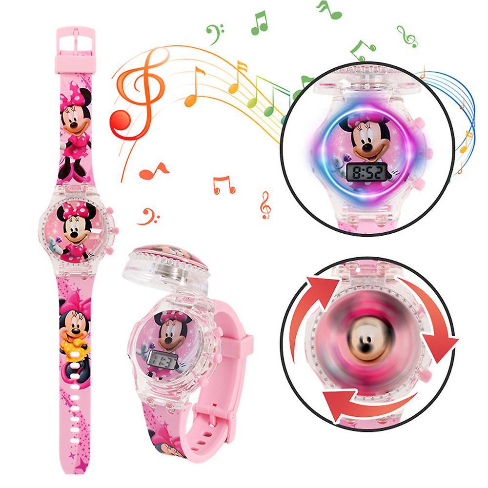 Sevenday Kids Children Cartoon Watch Flashing Light Up Glow Digital Musical Watches Spinning Top Flip Cover Wristwatch Toy Minnie