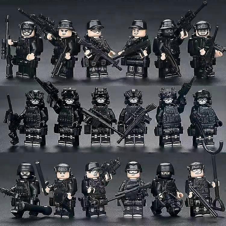 Sunvivid Swat Minifigure Police Building Blocks Military Chicken Eating Boy Assembled Toy Special Forces Army 18pcs Type B