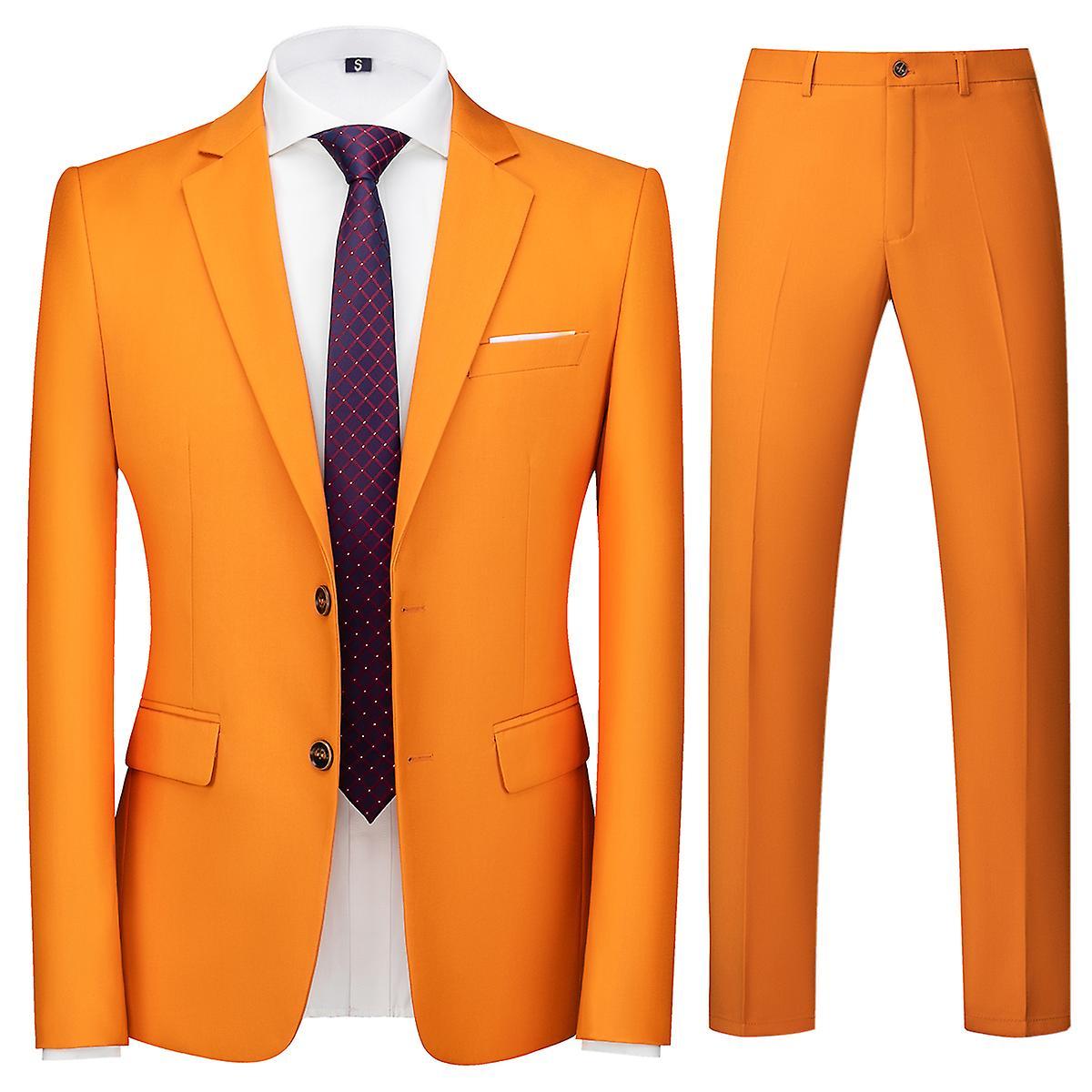 Allthemen Men's Suit 2-Piece Slim Fit Single Breasted Two Button Suits Wedding Business Blazer Trousers Orange M