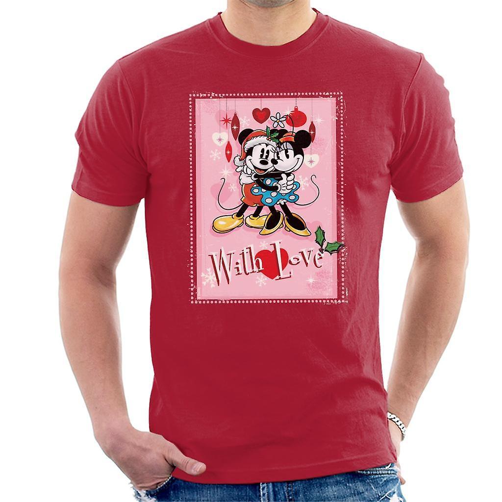 Disney Christmas Mickey And Minnie Mouse With Love Men's T-Shirt Cherry Red Large