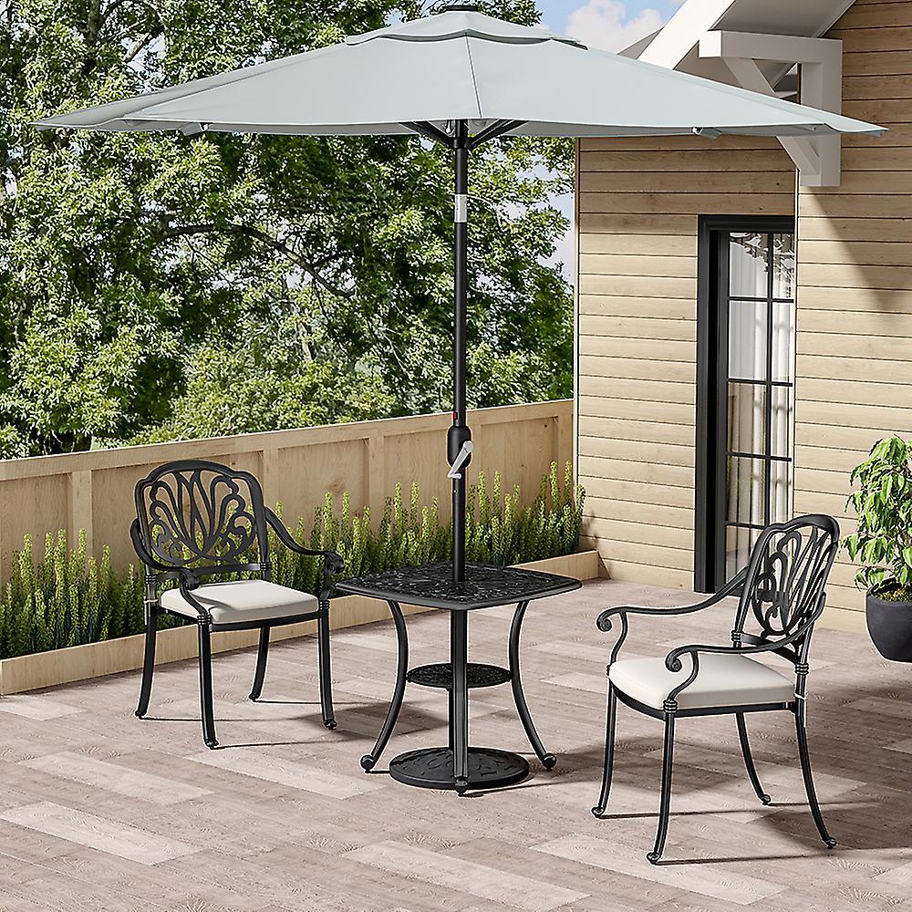 Living And Home Square Cast Aluminum Outdoor Bistro Table Black & Set of 2 Outdoor Cast Aluminum Dining Chairs with Cushions