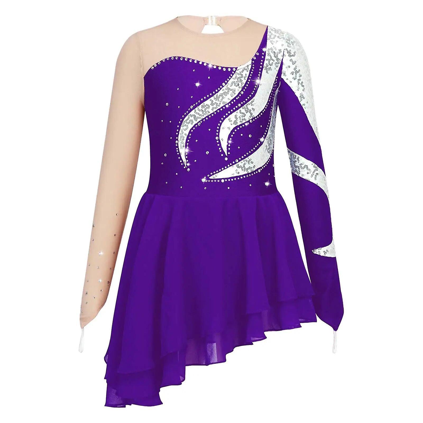 Aionyaaa Kids Figure Skating Dress Girls Shiny Sequins Ballet Gymnastics Leotard Dance Competition Mesh Splice Chiffon Ballerina Costumes 10 Purple