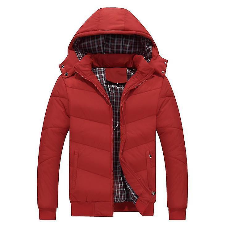 Yesfit Winter Jacket Men's Fashion Short Hooded Jacket Plus Velvet Thick Casual Cotton Coat red