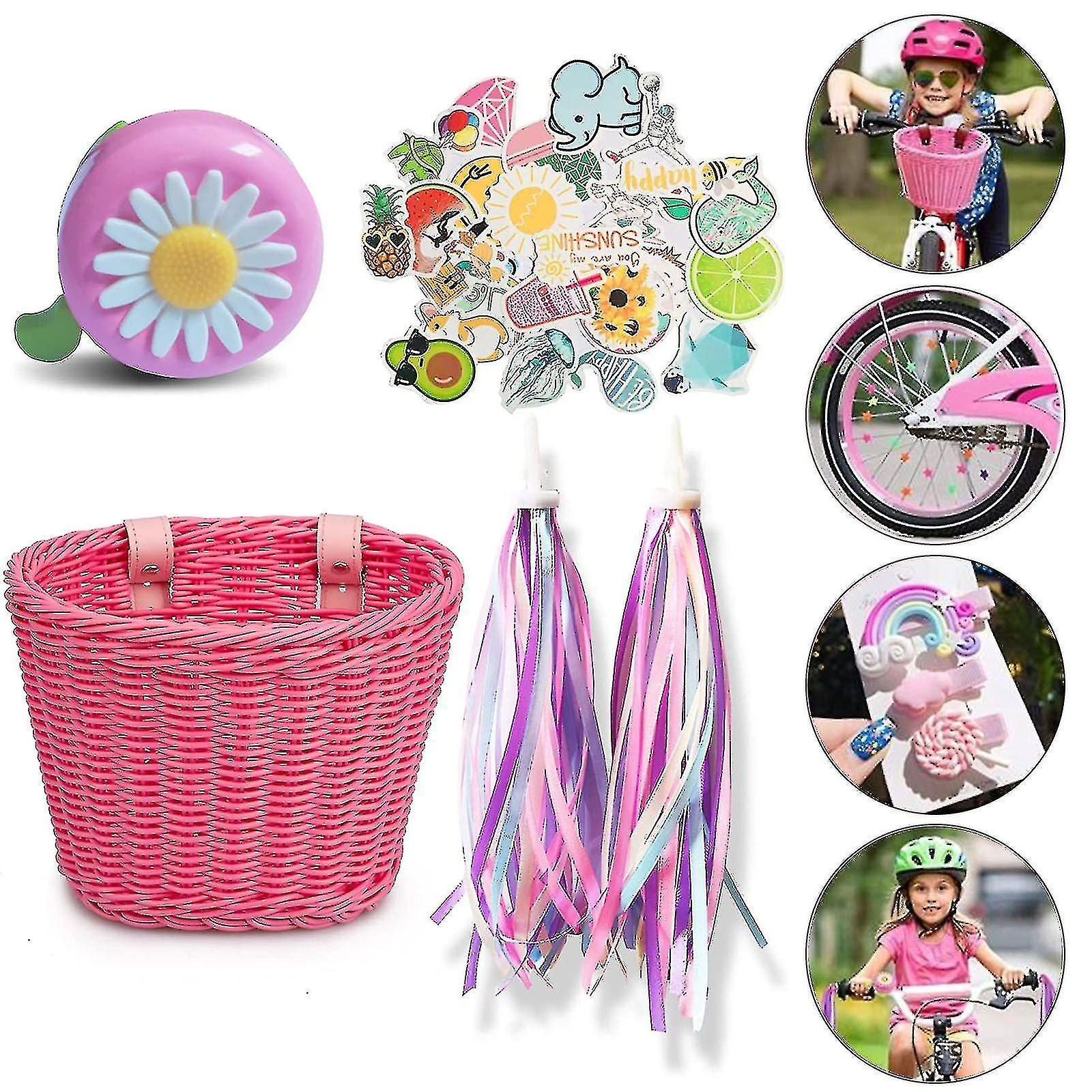 Sszfv Bike Basket For Kids Front Bike Accessories Woven Wicker Bicycle Basket With Handlebar Streamers Pink