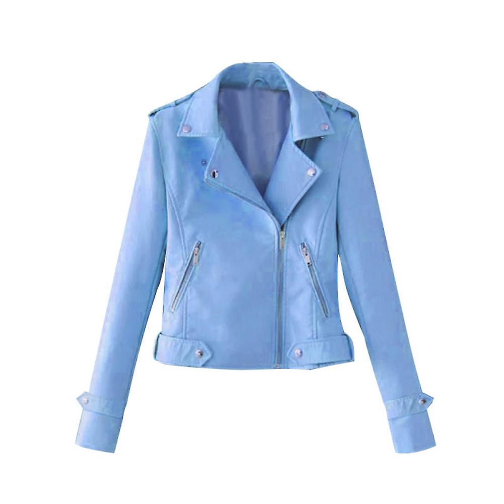 Fianao Solid Color Women Faux Leather Lapel Motorcycle Jacket Long Sleeve Zip Up Coat Light Blue XXXL