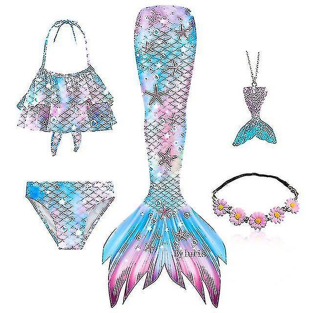 Snngv 5pcs/set Girls Mermaid Tail Swimsuit Children Mermaid Ariel Cosplay Costume Fantasy Beach Bikini Set 4 110