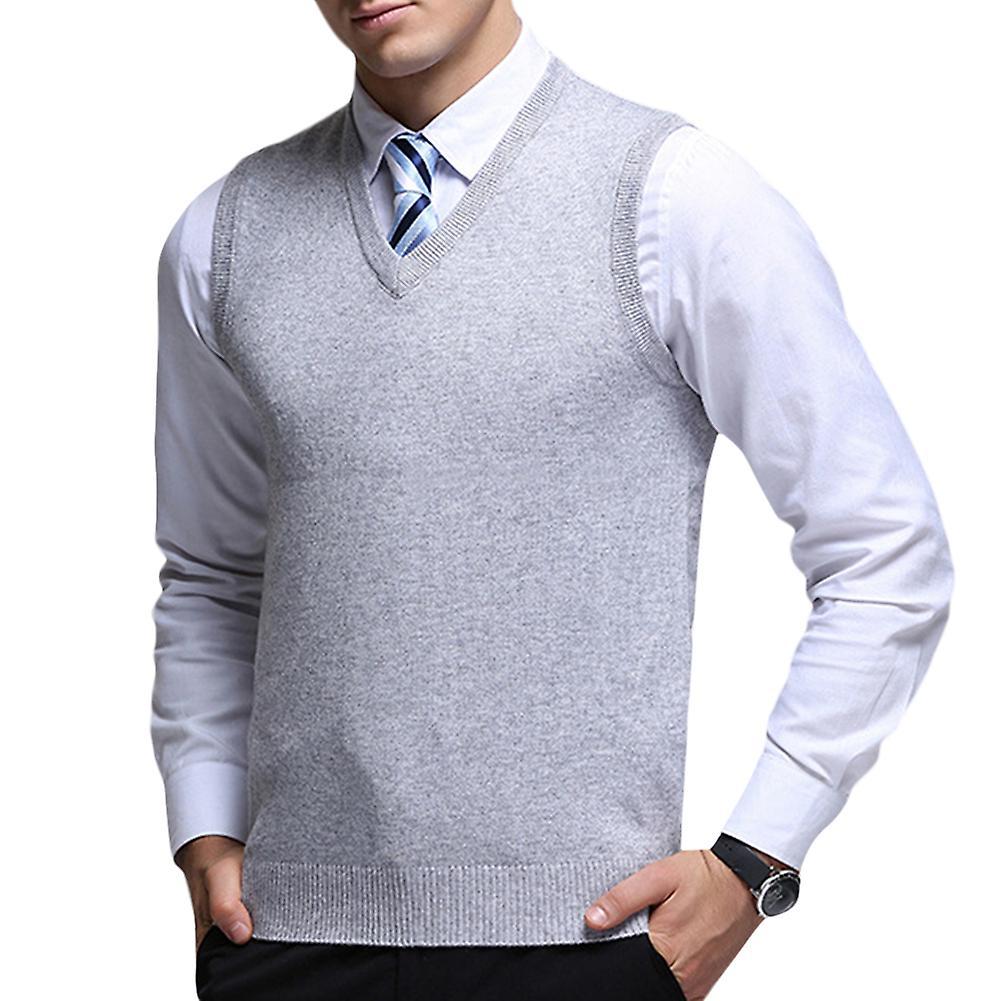 Allthemen Mens Casual Autumn V-neck Solid Knitted Waistcoat Light Gray M