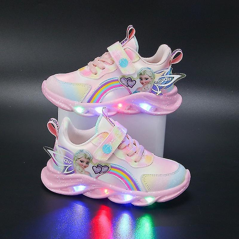 Htclv Cartoon Frozen Birthday Gifts Girls Casual Shoes Led Light Sneakers Elsa Princess Shoes Baby Toddler Girls Sneakers Pink-leather 25(15.6cm in...