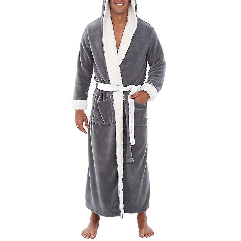 FLARUT Men Long Hooded Bathrobe Soft Nightgown Robe Dressing Gown Grey M