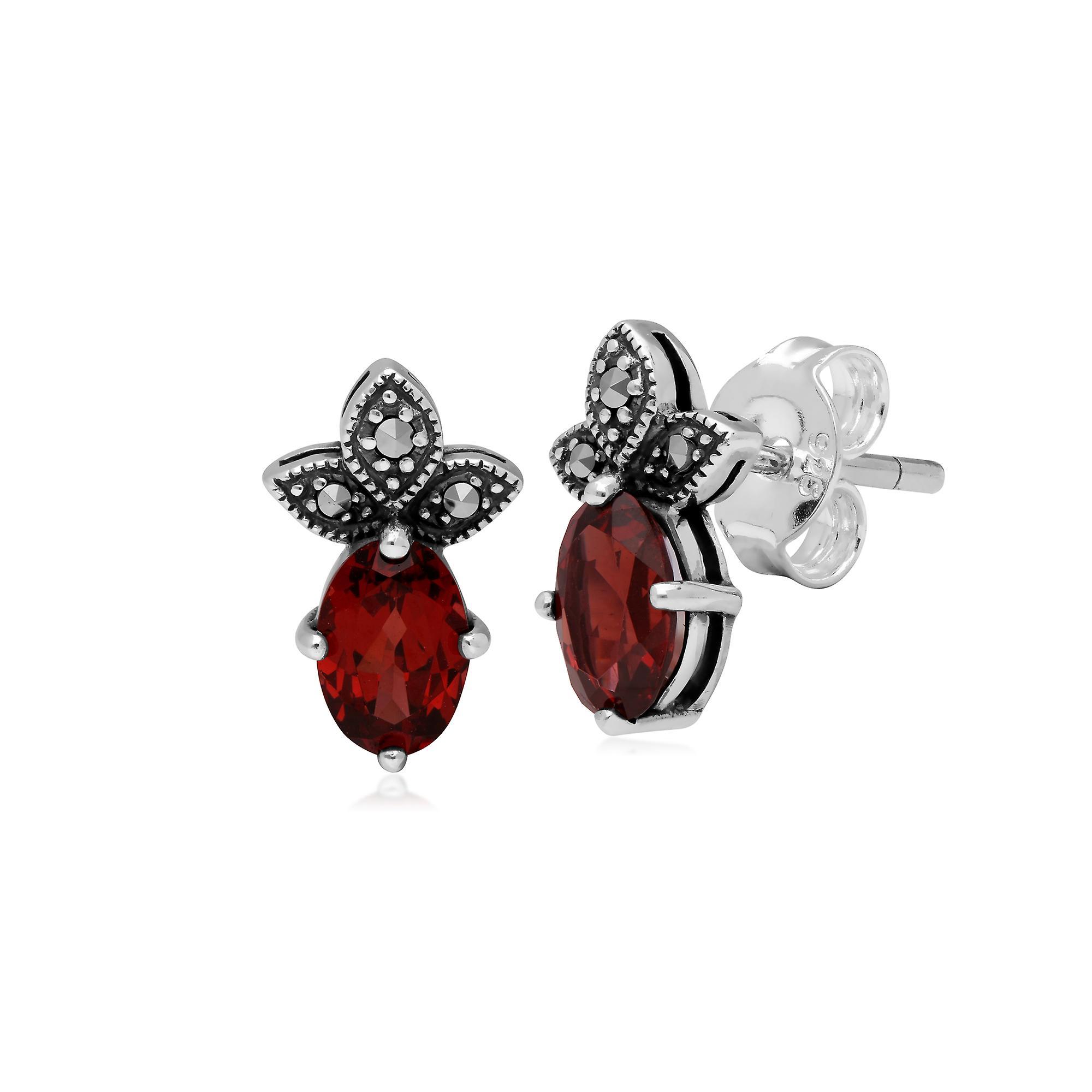 Gemondo Art Deco Style Oval Garnet & Marcasite Stud Earrings in 925 Sterling Silver 214E845004925 One Size