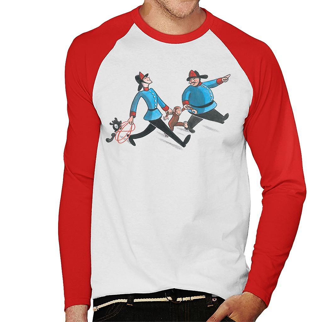 Curious George Fire Department Men's Baseball Long Sleeved T-Shirt White/Red Large