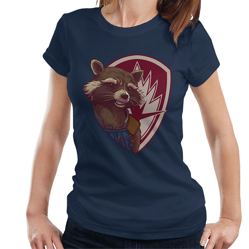 Marvel Guardians Of The Galaxy Vol 2 Rocket Raccoon Shield Women's T-Shirt Navy Blue X-Large