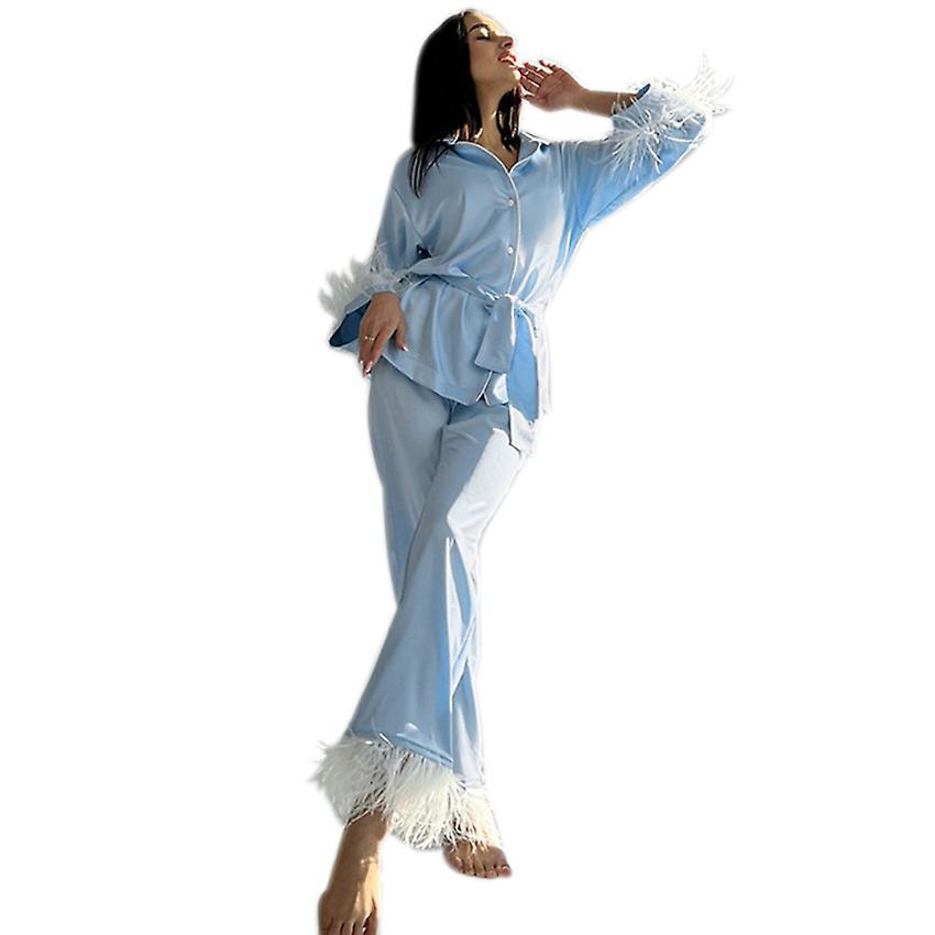 Moye Women's Feather Trim Satin Pajama 2 Piece Button Down Sleepwear L