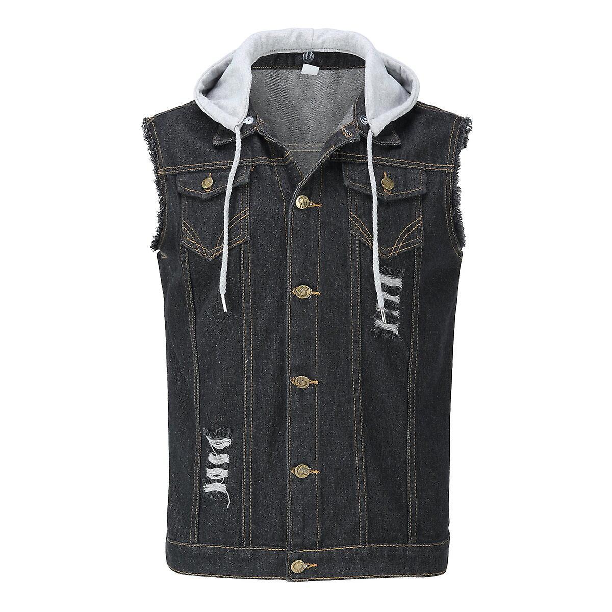 YOUTHUP Mens Hooded Denim Vest Casual Vintage Ripped Outerwear Cowboy Gilet Black S