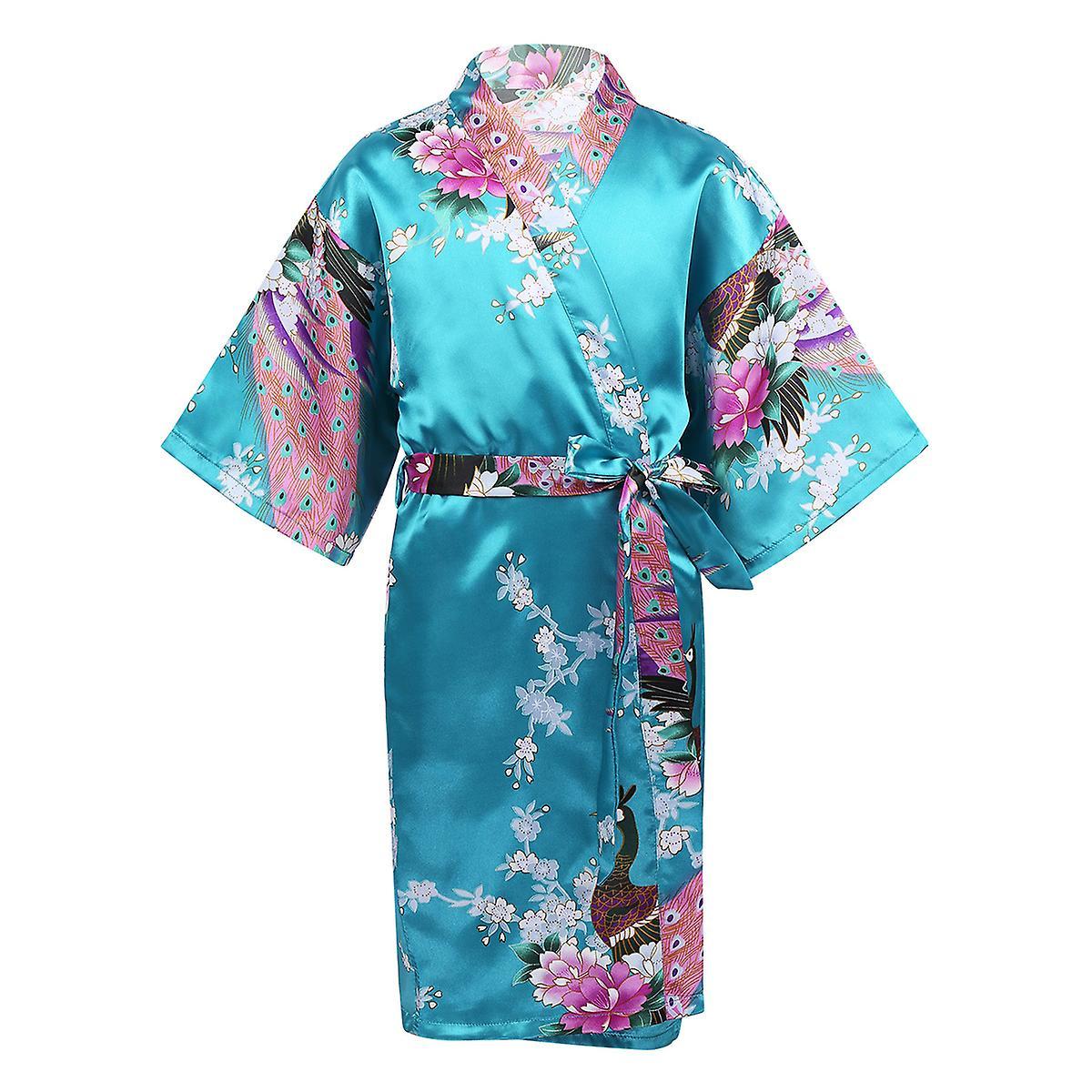 Sztlv Girls Satin Kimono Robes for Kids Children Teens Floral Sleepwear Peacock Flower Bathrobe for Spa Wedding Birthday Nightgown Lake Blue 10