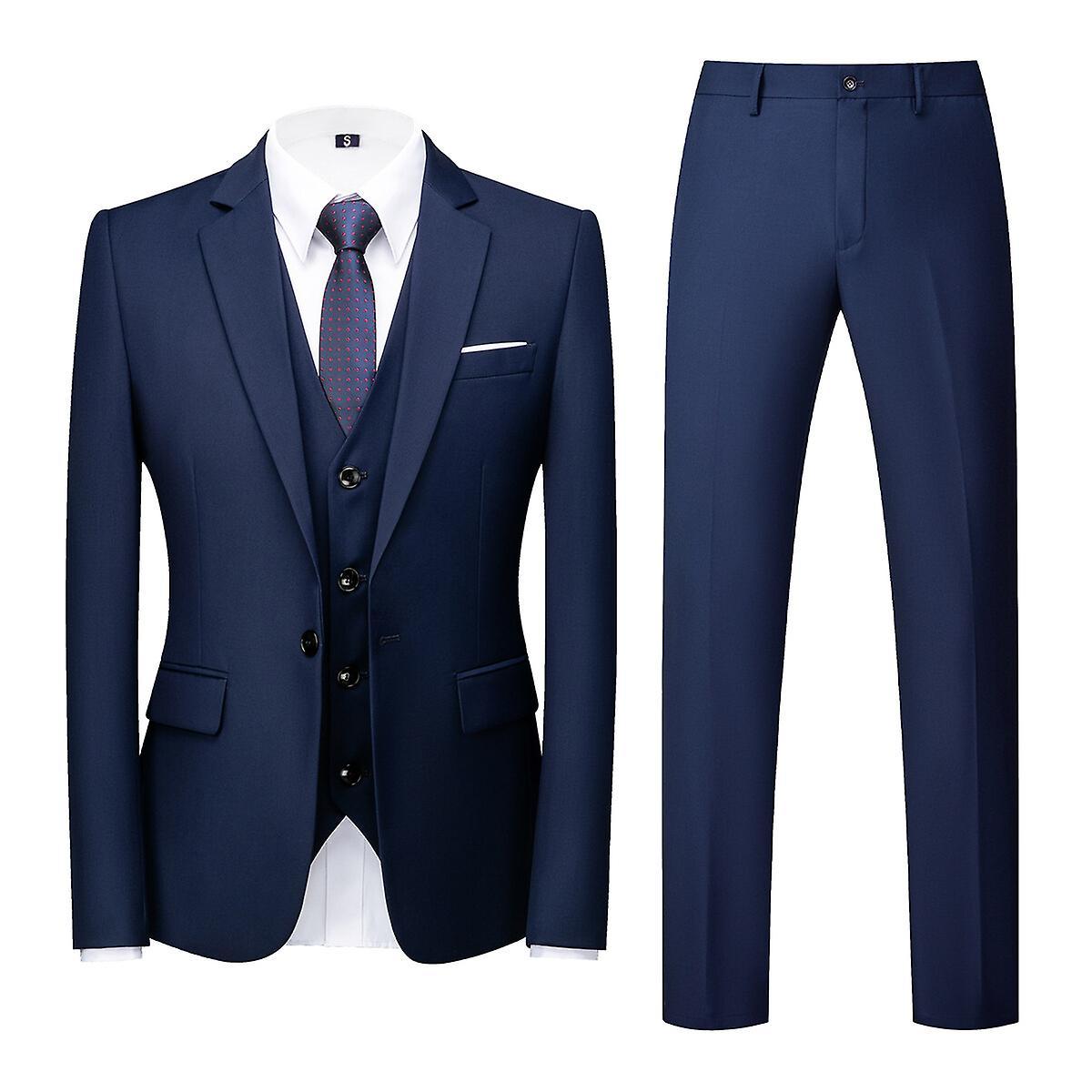 Allthemen Men's Suit 3-Piece Slim Fit One Button Suits Wedding Business Jacket Vest Trousers Dark Blue 2XL