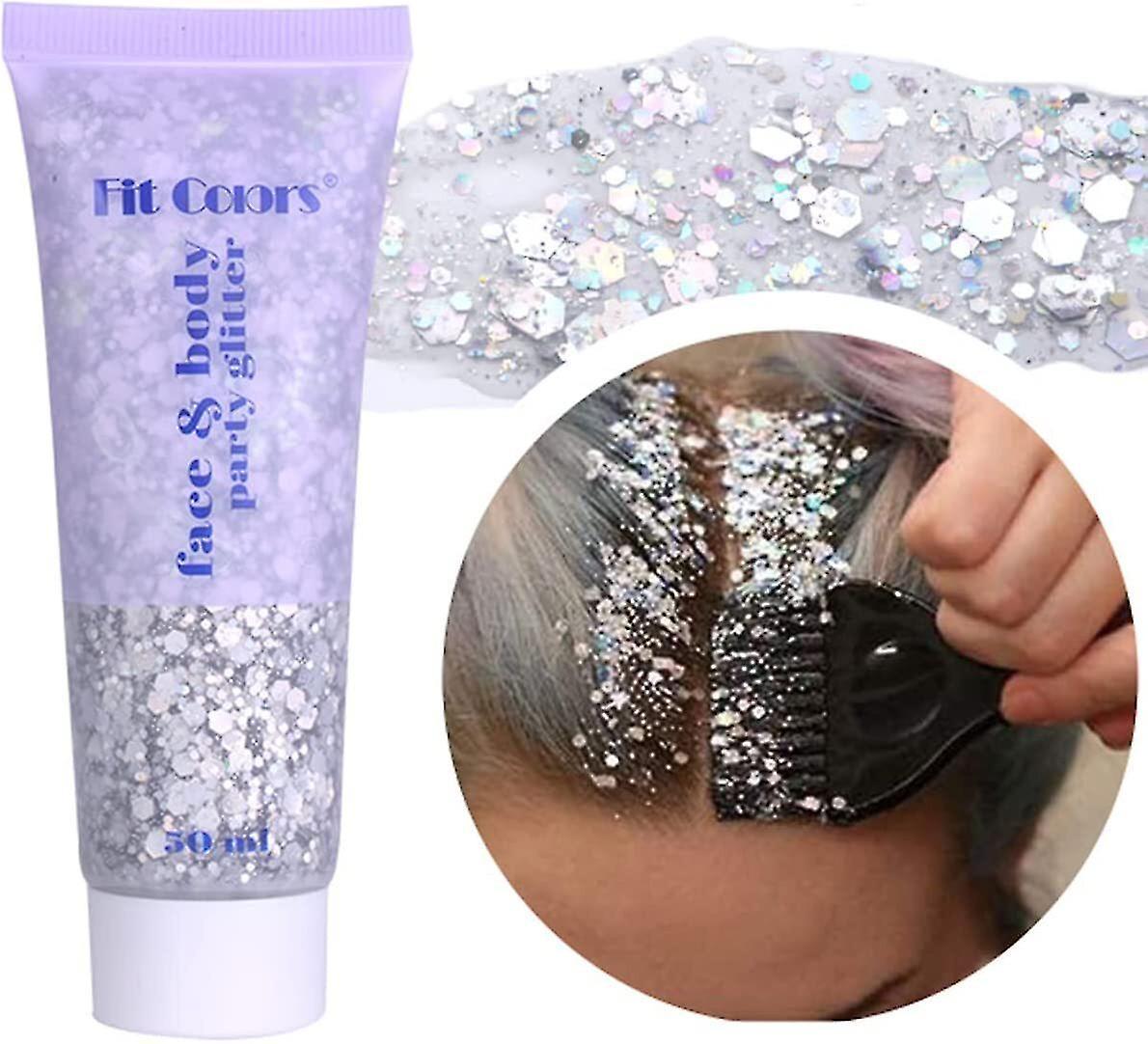 Htclv Mermaid Face Body Glitter Gel, Sequins Glitter Shimmer Liquid Eyeshadow, 50ml Silver