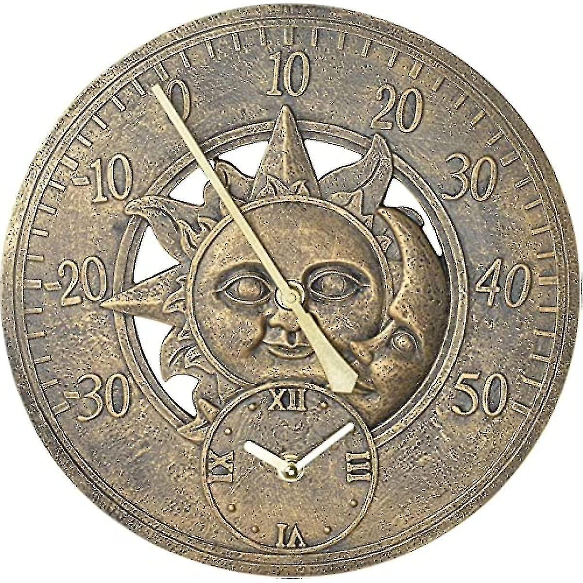 Unitoney Garden Thermometer Clock Analogue Wall Bronze Sun & Moon 30cm Clock With Vintage Style Weatherproof Battery Operated Thermometer Weather S...