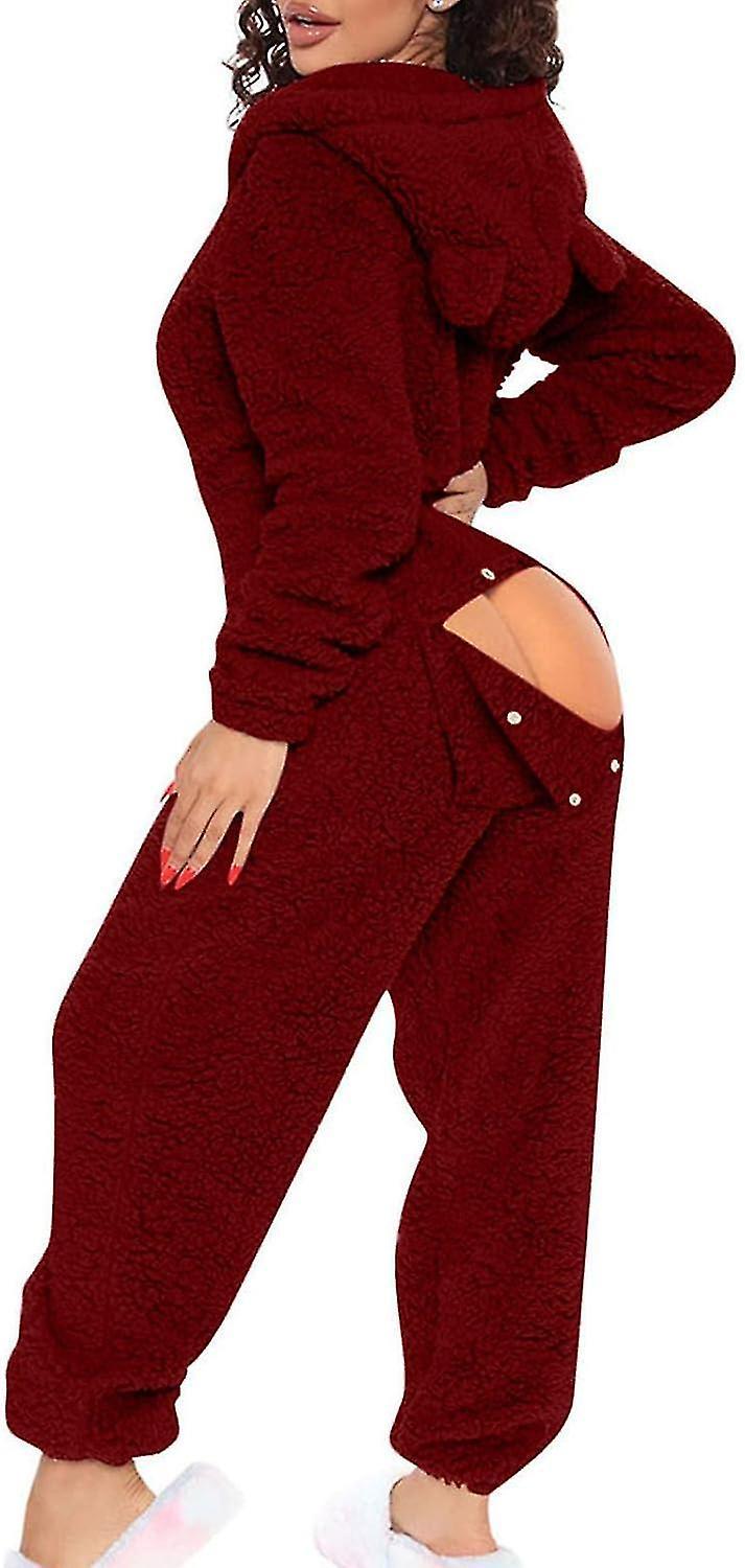 Linki Sexy Adult Onesie Pajamas For Women Butt Flap Fleece Hooded One Piece Pajamas Womens Fluffy Sleepwear,black Friday Wine Small