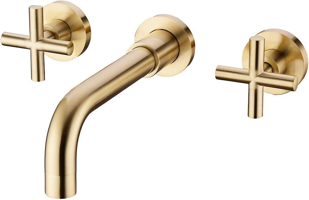 Zadian Brushed Gold Basin Mixer Tap, Wall Mounted, 2 Handles, Brass Bathroom Faucet