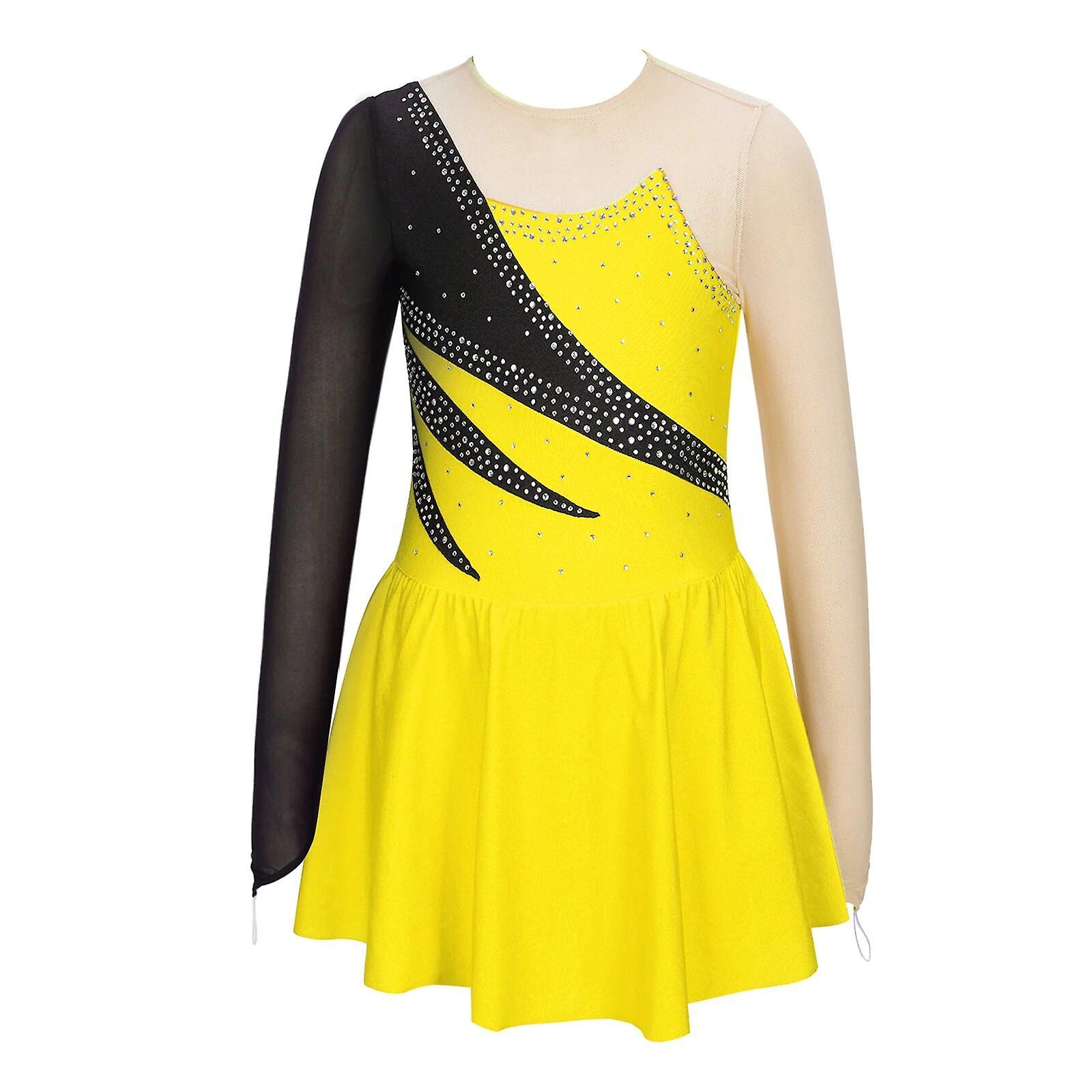 Aionyaaa Figure Skating Dress Kids Girls Long Sleeve Rhinestone Patchwork Ballet Dance Dress Gymnastics Leotard For Dancing Competition 8 Yellow C