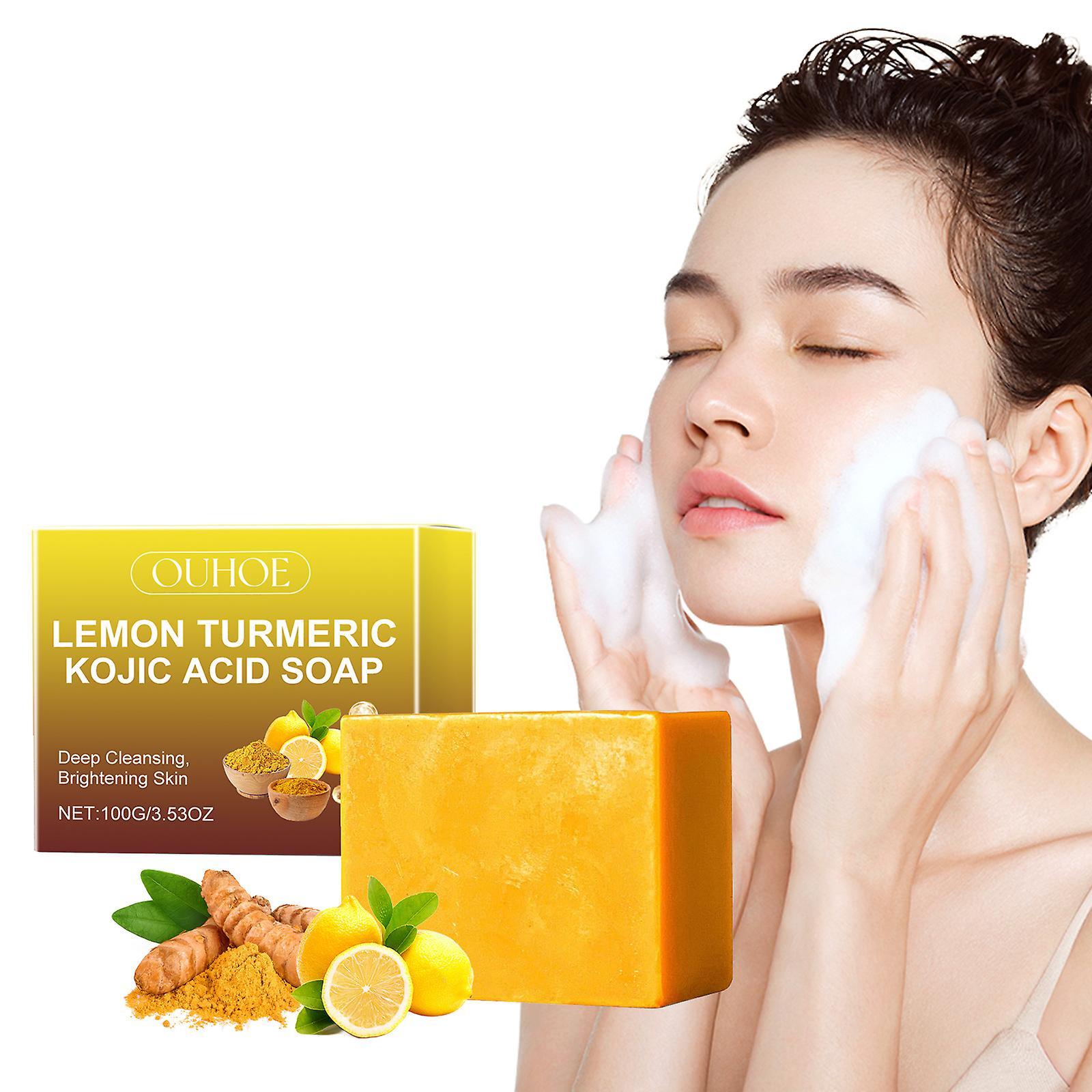 Frusde Lemon Turmeric Kojic Acid Soap, Kojic Acid Soap for Hyperpigmentation, Turmeric Soap Bars for Dark Spots, Kojic Acid Face Cleanser 3Pcs