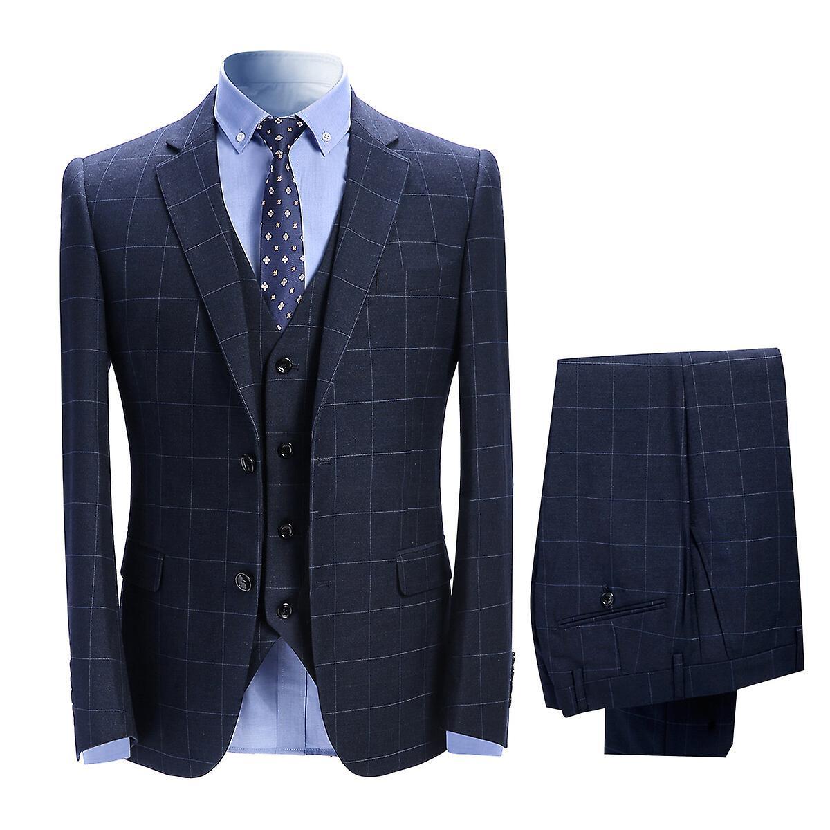 Allthemen Mens 3-Piece Checked Business Two Button Slim fit Suit Blue XS