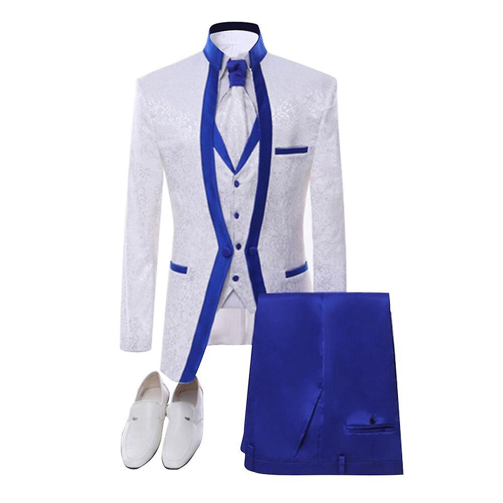 Allthemen Mens 4-Piece Formal Embroidered Slim Single-breasted Pant Suit Blue And White M