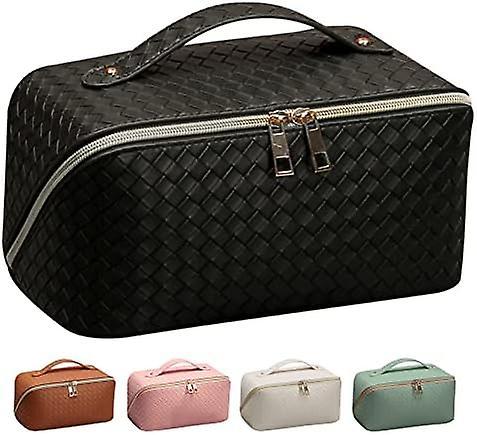 unbrand Aesthetic Makeup Bag Large Capacity Travel Cosmetic Bag for Women Big Waterproof Makeup Bag Lay Flat Leather Cosmetic Bag Black