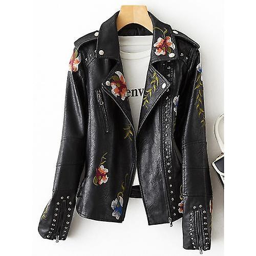 Barsinfi New Women Retro Floral Print Embroidery Faux Soft Leather Jacket Coat Turndown Collar Pu Moto Biker Black Punk Outerwear XL