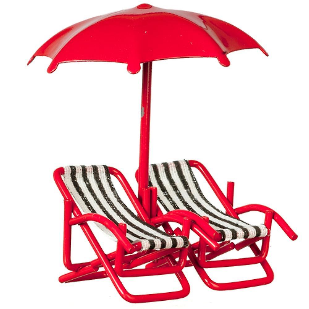 Melody Jane Dolls Houses Dolls House Twin Deck Chairs & Umbrella 1:24 Half Inch Beach Garden Furniture