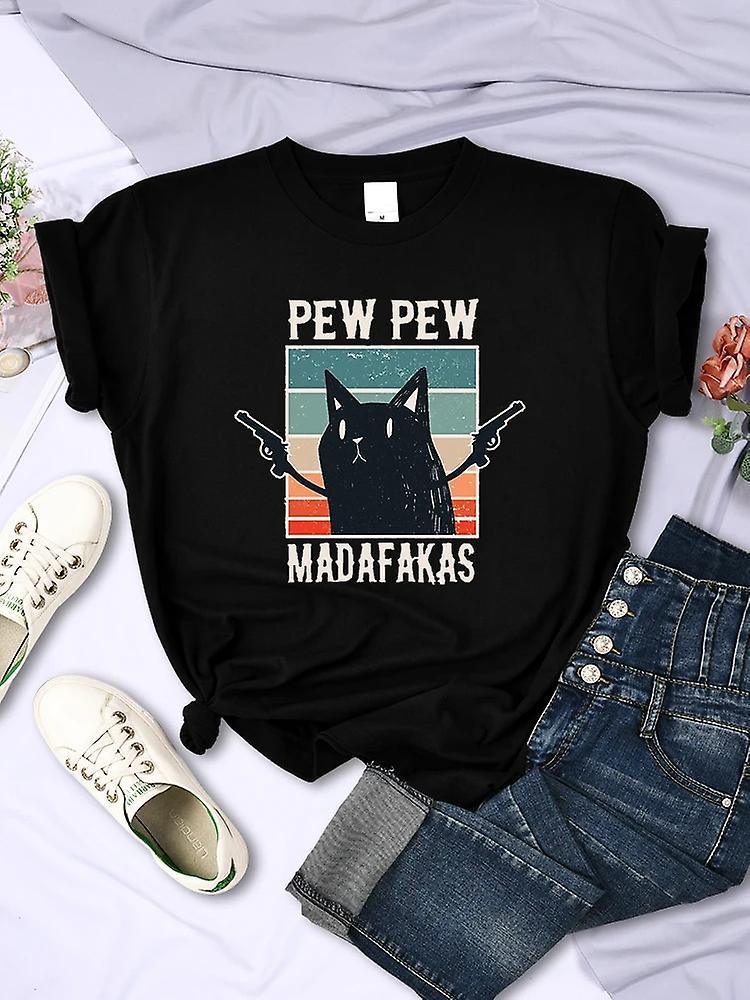 Renekton Pew Pew Madafaks Cute Funny Print Women T Shirts Hip Hop Vintage Tee Clothes Creativity Casual Tops Crewneck Womans Short Sleeve Black M