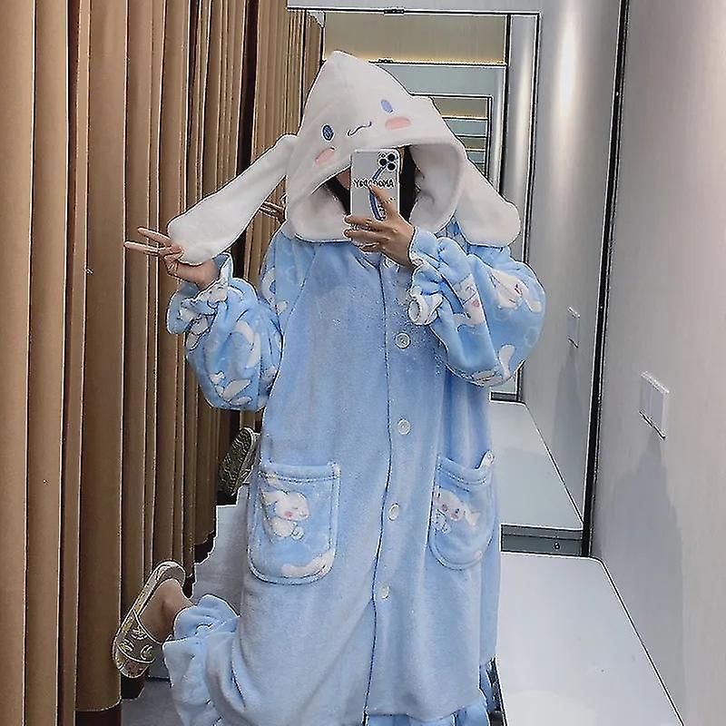 Ssylune Kawaii Sanrio Kuromi Cinnamoroll My Melody Plush Loungewear Women's Pajamas Robe Hooded Cute Pajamas Plush Long Nightgown Gift XL