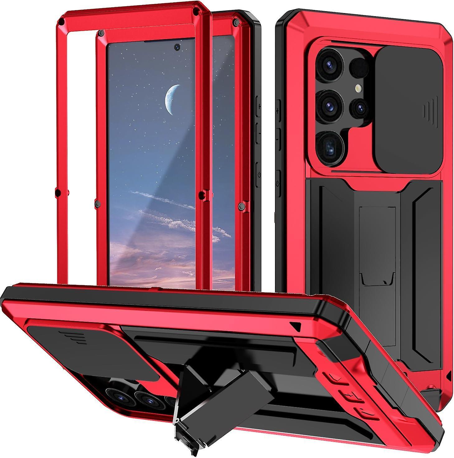 Frusde Waterproof Case For Samsung Galaxy S24 Ultra/ S24 Plus/ S24 Aluminum Metal Frame Slide Camera Cover Kickstand Full Body Shockproof Red For S...